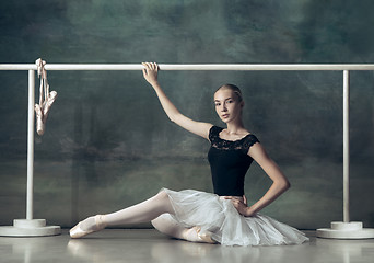 Image showing The classic ballerina posing at ballet barre