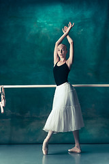 Image showing The classic ballerina posing at ballet barre