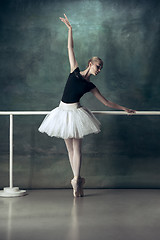 Image showing The classic ballerina posing at ballet barre