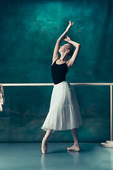 Image showing The classic ballerina posing at ballet barre