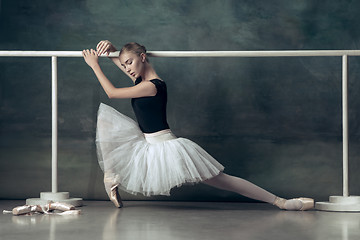 Image showing The classic ballerina posing at ballet barre