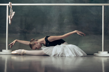 Image showing The classic ballerina posing at ballet barre