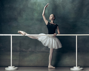 Image showing The classic ballerina posing at ballet barre