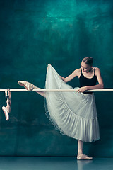 Image showing The classic ballerina posing at ballet barre