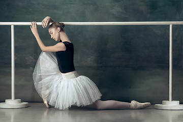 Image showing The classic ballerina posing at ballet barre