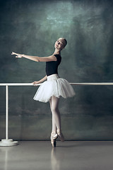 Image showing The classic ballerina posing at ballet barre