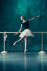 Image showing The classic ballerina posing at ballet barre