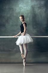 Image showing The classic ballerina posing at ballet barre