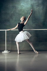 Image showing The classic ballerina posing at ballet barre