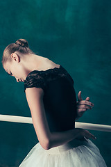 Image showing The classic ballerina posing at ballet barre