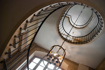 Image showing Paris, France - August 05, 2006: Spiral staircase and vintage chandelier in the gallery of Vivienne. Paris