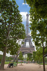 Image showing View of the Eiffel Tower from a beautiful green park against the blue sky, Paris France