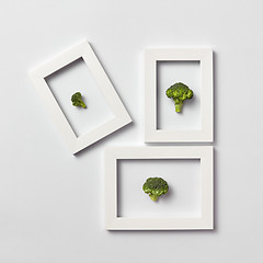 Image showing Organic frames with fresh natural broccoli on a light background.