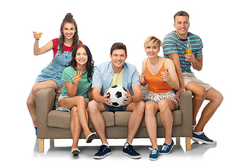 Image showing friends or soccer fans with ball and drinks