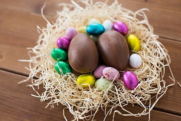 Image showing chocolate eggs and candies in straw nest