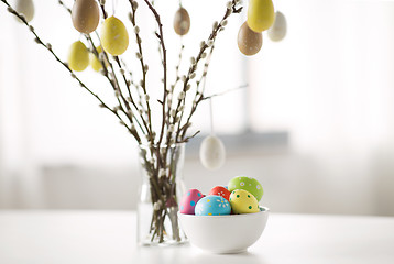 Image showing pussy willow branches decorated by easter eggs