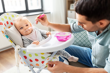 Image showing father feeding happy baby in highchair at home