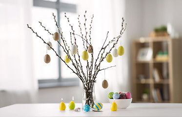 Image showing pussy willow branches decorated by easter eggs