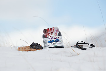 Image showing Breakfast in the snow in Iceland, blueberry jam