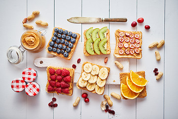 Image showing Assortment of healthy fresh breakfast toasts