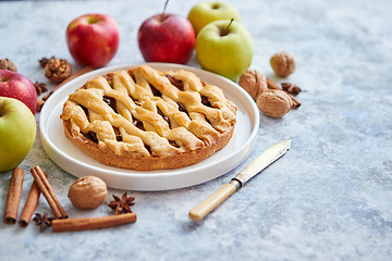 Image showing Tasty sweet homemade apple pie cake with cinnamon sticks, walnuts and apples