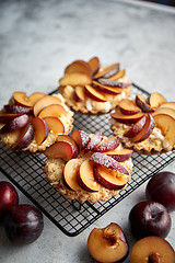 Image showing Homemade crumble tarts with fresh plum slices placed on iron baking grill