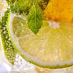 Image showing Macro photo of fresh slices of green lime, yellow lemon and mint leaf with bubbles in a glass. Summer refreshing cocktail