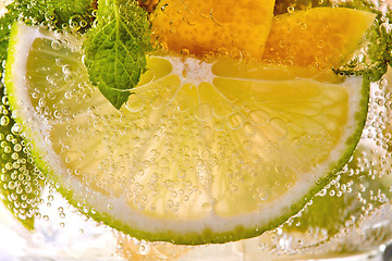 Image showing Macro photo of a summer mojito cocktail with slices of lime, lemon and mint leaves in a glass.