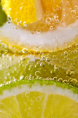 Image showing Ripe sliced pieces of lemon and lime in a glass with water and bubbles. Macro photo of summer beverage
