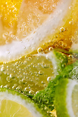 Image showing Green leaf of mint, pieces of lemon and lime with bubbles in a transparent glass. Macro photo of summer cold mojito