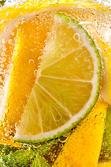 Image showing In a clear glass mint leaf, slices of lime and lemon with bubbles. Macro photo of summer drink mojito