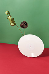 Image showing Composition of dry bud, branch and white vinyl audio records on a double red green background with space for text