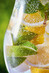 Image showing Cold mojito cocktail with fresh citrus fruit and mint in a glass.