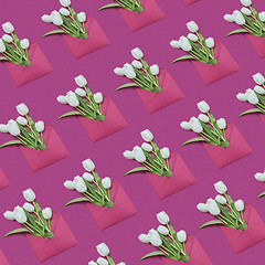 Image showing Decorative background with gift envelopes of tulips flowers on a