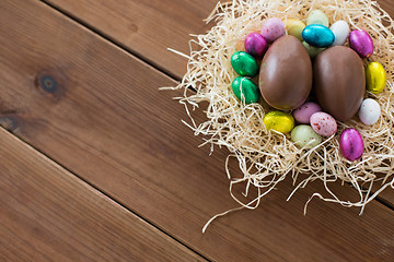 Image showing chocolate eggs and candies in straw nest