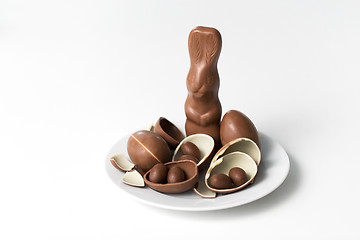 Image showing chocolate bunny, eggs and candies on white plate