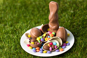 Image showing chocolate bunny, eggs and candy drops on plate