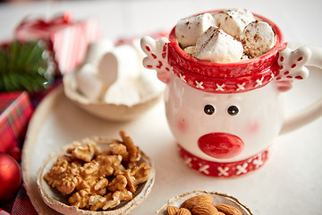 Image showing Delicious homemade christmas hot chocolate or cocoa with marshmellows