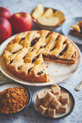 Image showing Delicious apple pie cake with a fresh fruits, brown and powder sugar