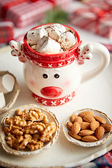 Image showing Delicious homemade christmas hot chocolate or cocoa with marshmellows