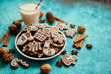 Image showing Sweet Christmas composition. Assortment of gingerbread cookies on a plate