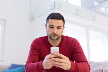 Image showing young man using a mobile phone  at home