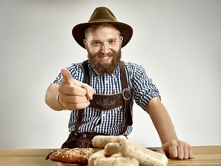 Image showing Germany, Bavaria, Upper Bavaria, man with beer dressed in traditional Austrian or Bavarian costume