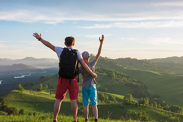 Image showing Happy father and son in the Altai mountains