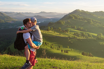 Image showing Happy father and son in the Altai mountains