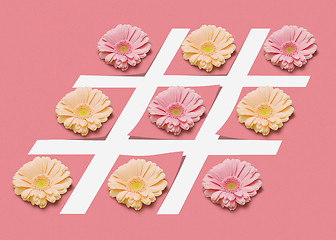 Image showing Hash tag sign with flowers on a pink pastel background.