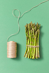 Image showing Organic natural asparagus in a bundle and coil of rope on a green background.