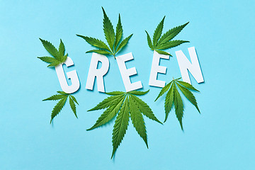 Image showing White paper word Green with marijuana leaves on a pastel blue background.