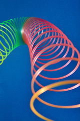 Image showing Close up curve of rainbow plastic toy spiral.