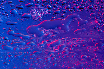 Image showing Neon lighted water droplets on a blue surface.